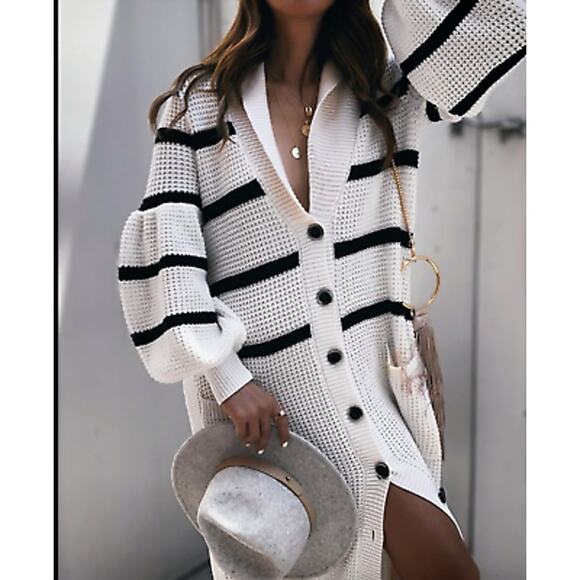 Shona Joy Maddison Balloon Sleeve Knit Dress Striped Long Button Down Cardigan S - Picture 2 of 14